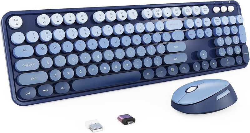 Nowlike Wireless Keyboard and Mouse Combo, Retro Typewriter Keyboard with Round Keycaps, Full-Size Ergonomic, Blue, Ideal for Windows PC, Home, Office, and College, Wireless Keyboard Mouse Combo - Image 1